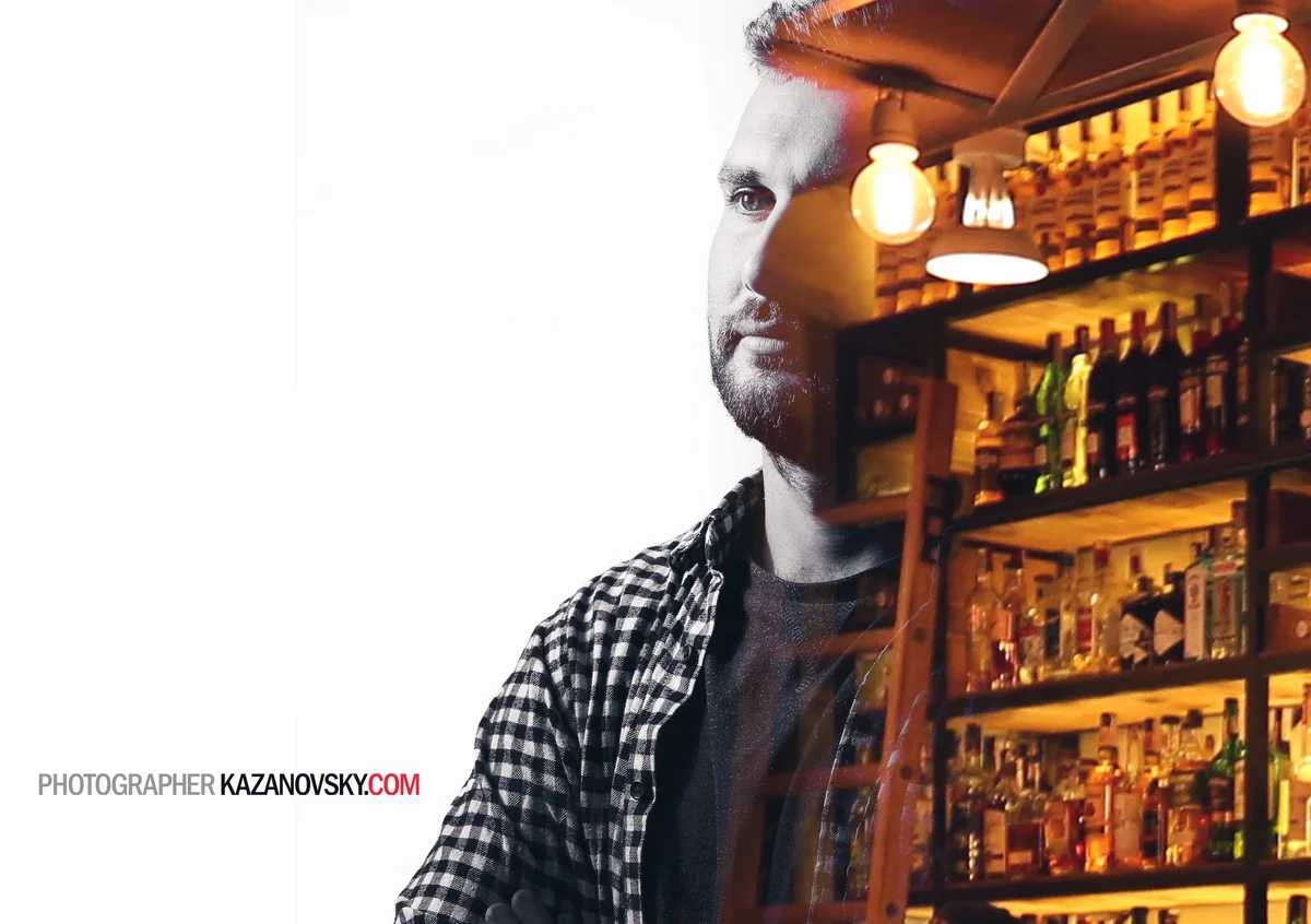 A split image showing a man with a serious expression on the left and a bar with shelves of liquor bottles on the right.