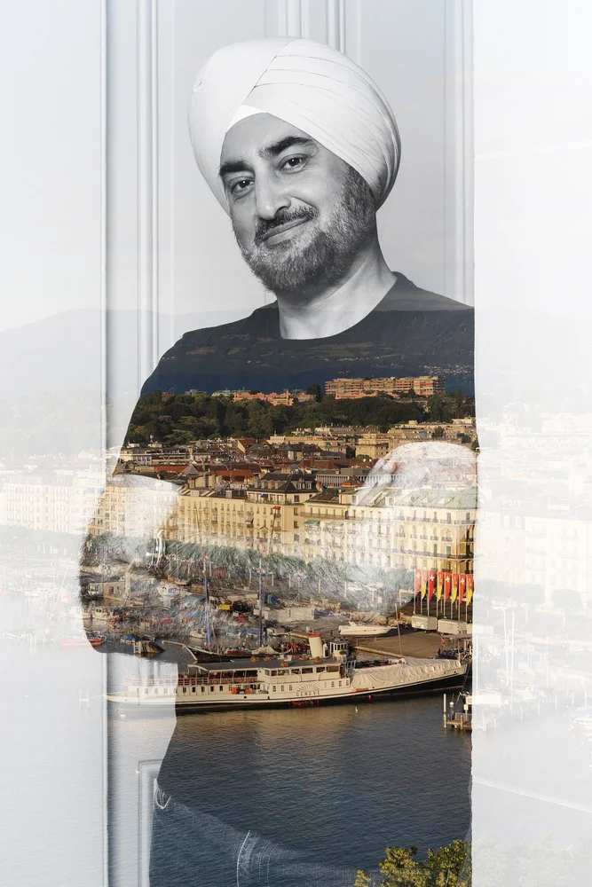 Overlay of a black-and-white portrait of a man in a turban and black shirt with a cityscape and waterfront scene
