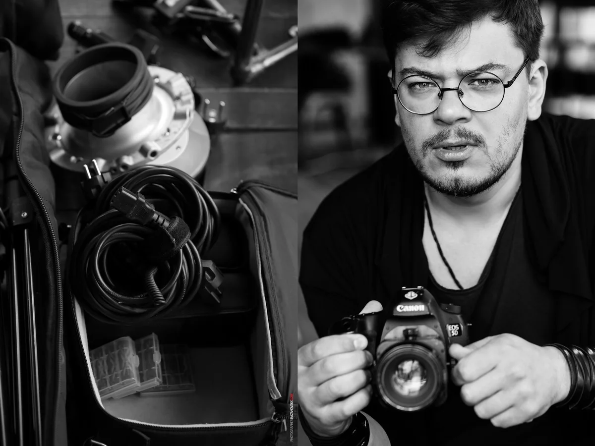 Split image showing photography equipment on the left and a man with glasses holding a camera on the right.