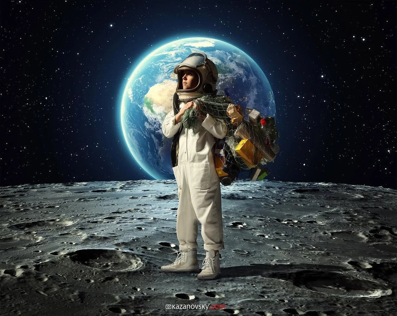 Person in astronaut suit standing on the moon's surface with Earth in the background, carrying a large bag of garbage and holding a garbage net.