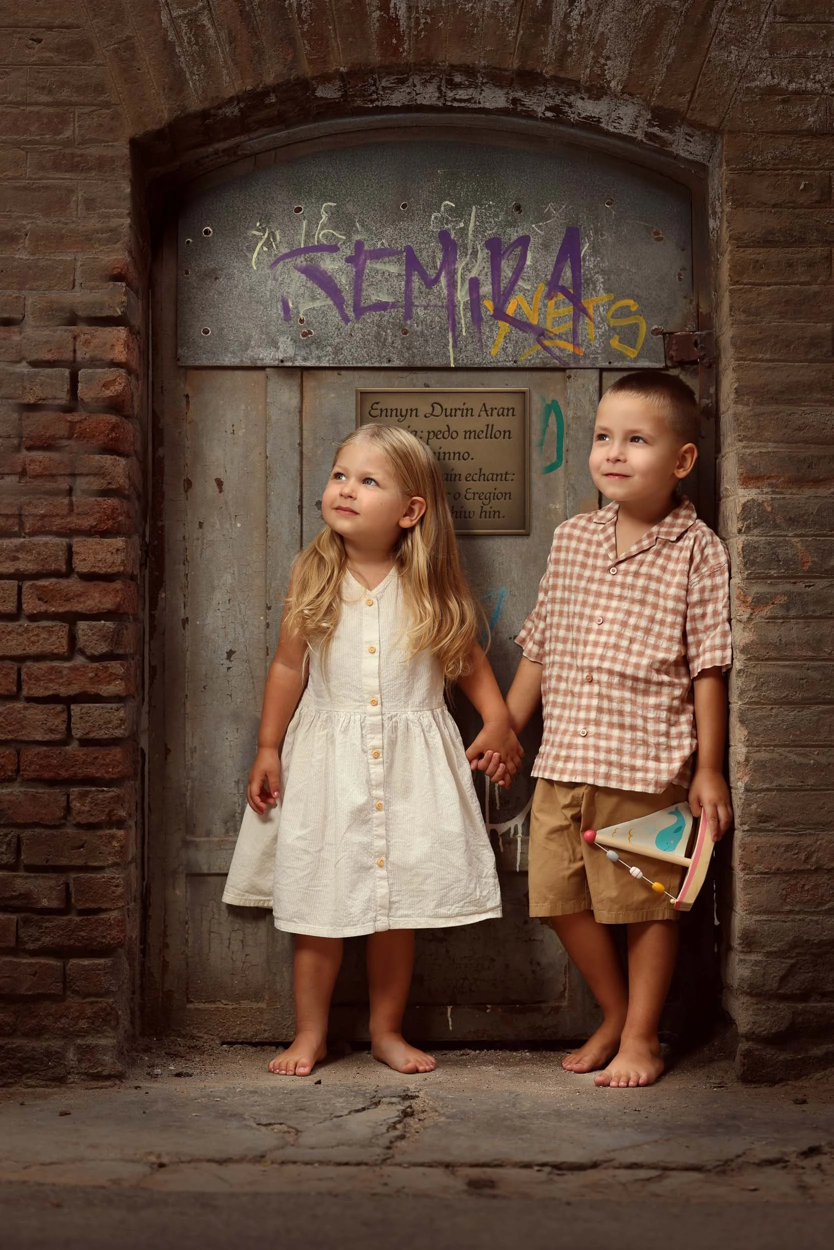 Two young children, a girl with long blonde hair in a white dress and a boy with short brown hair in a checked shirt and beige shorts, holding hands and standing barefoot in front of a grey metal door with graffiti and a plaque.