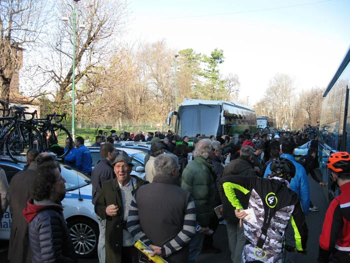 Tons of tifosi mob the team pits outside Castello Sforzesco before Milano-Sanremo