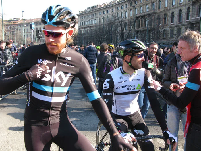 Two Brits in Milano: Luke Rowe (Sky) and Steve Cummings (Dimension Data) relaxed before the start at Milano-Sanremo the latter chatting to Sky photographer Scott Mitchell