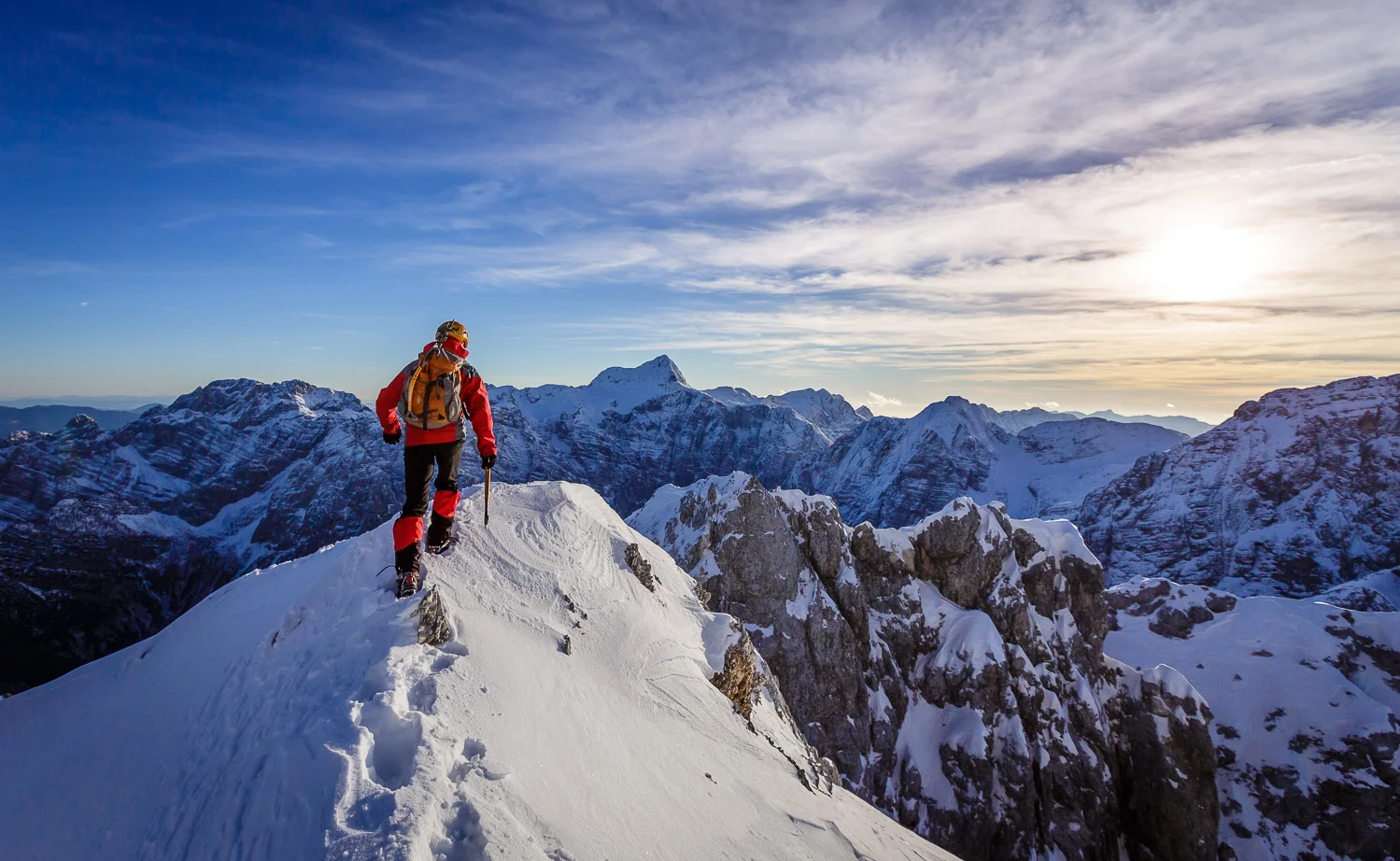 Descending Dovški križ after a ridgeline traverse.