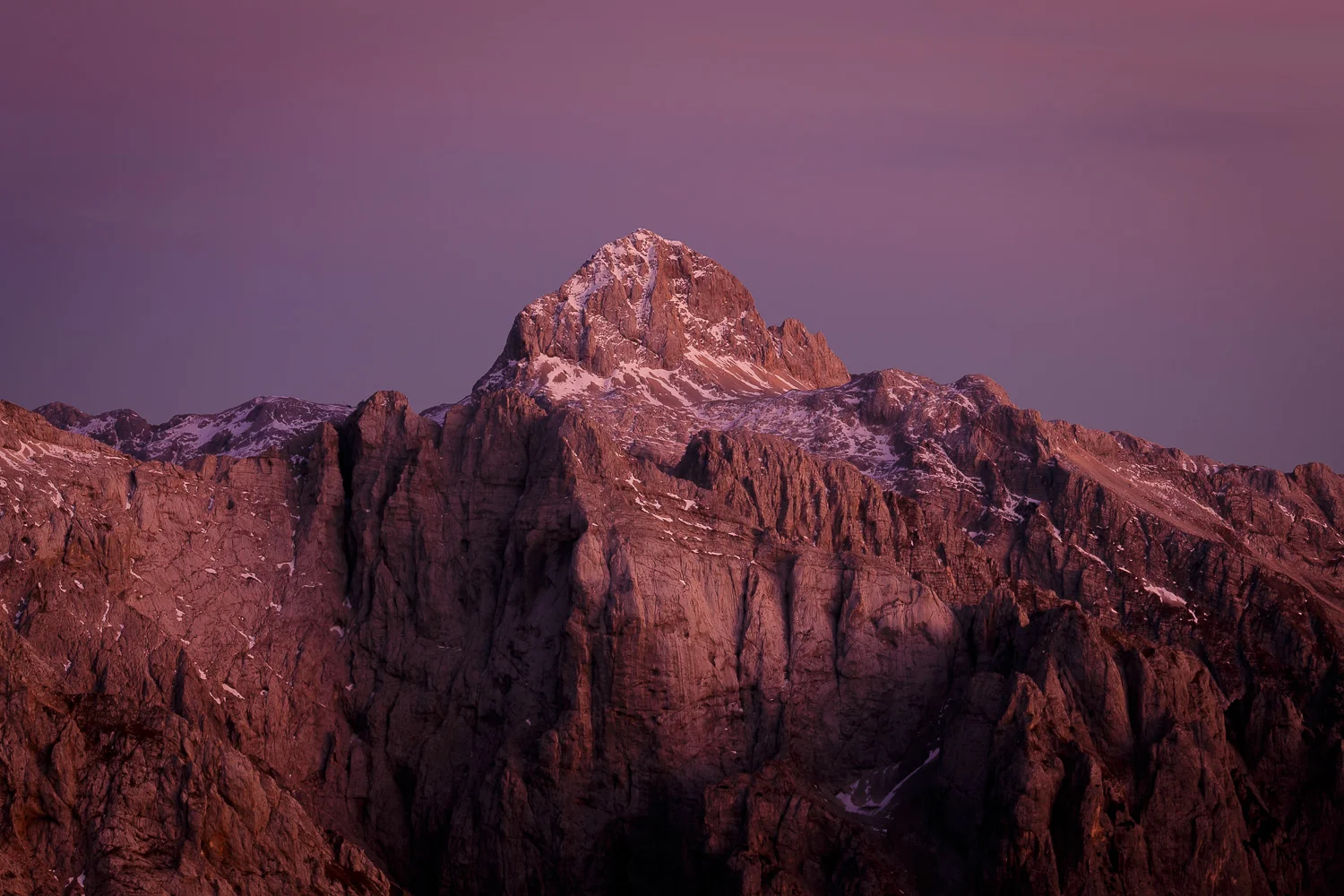 Triglav - the highest mountain in Slovenia at sunset in November.