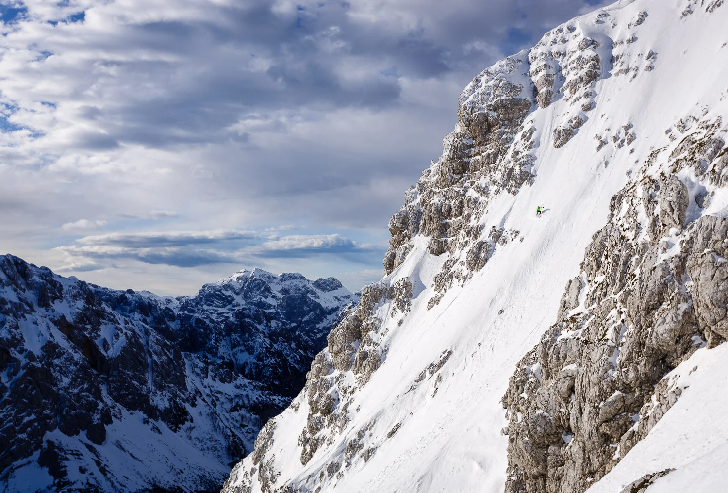 Steep skiing in Julian Alps, Slovenia.