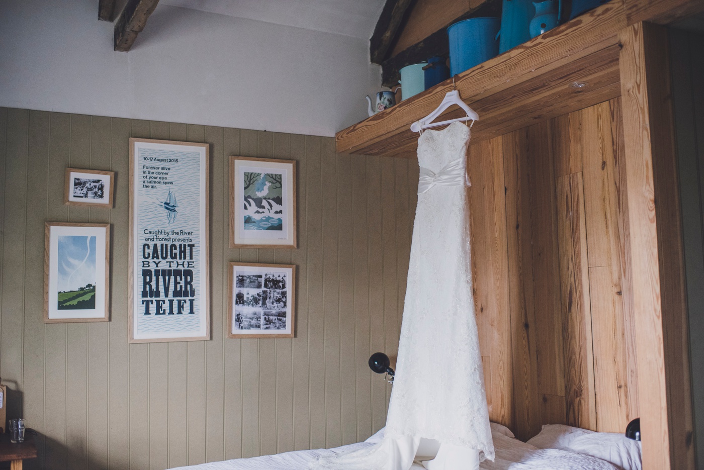 wedding dress hanging at Fforest wedding