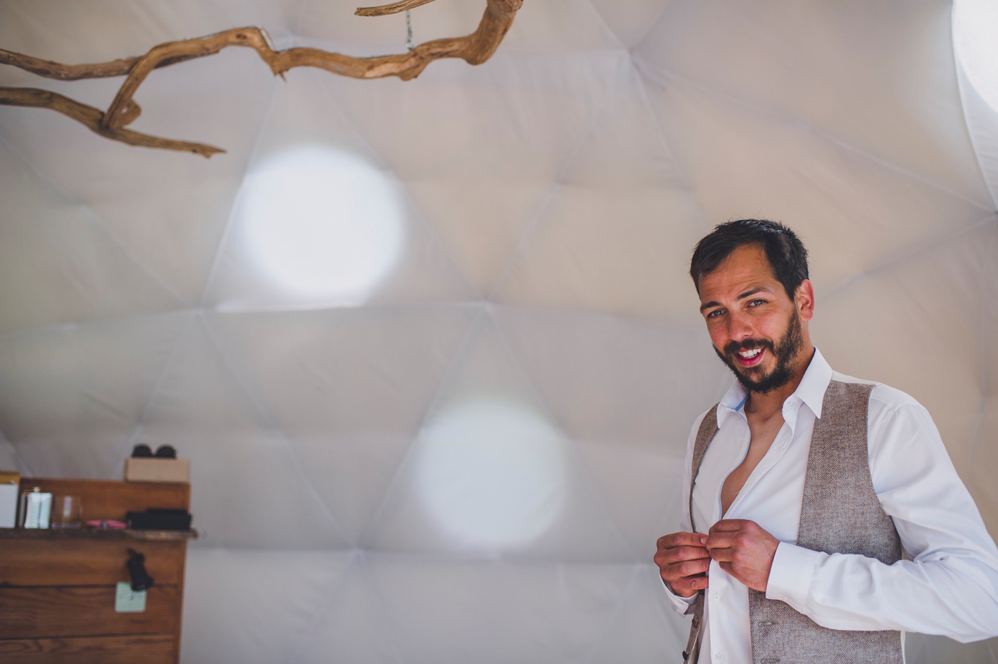 Groom getting ready in Dome Fforest wedding