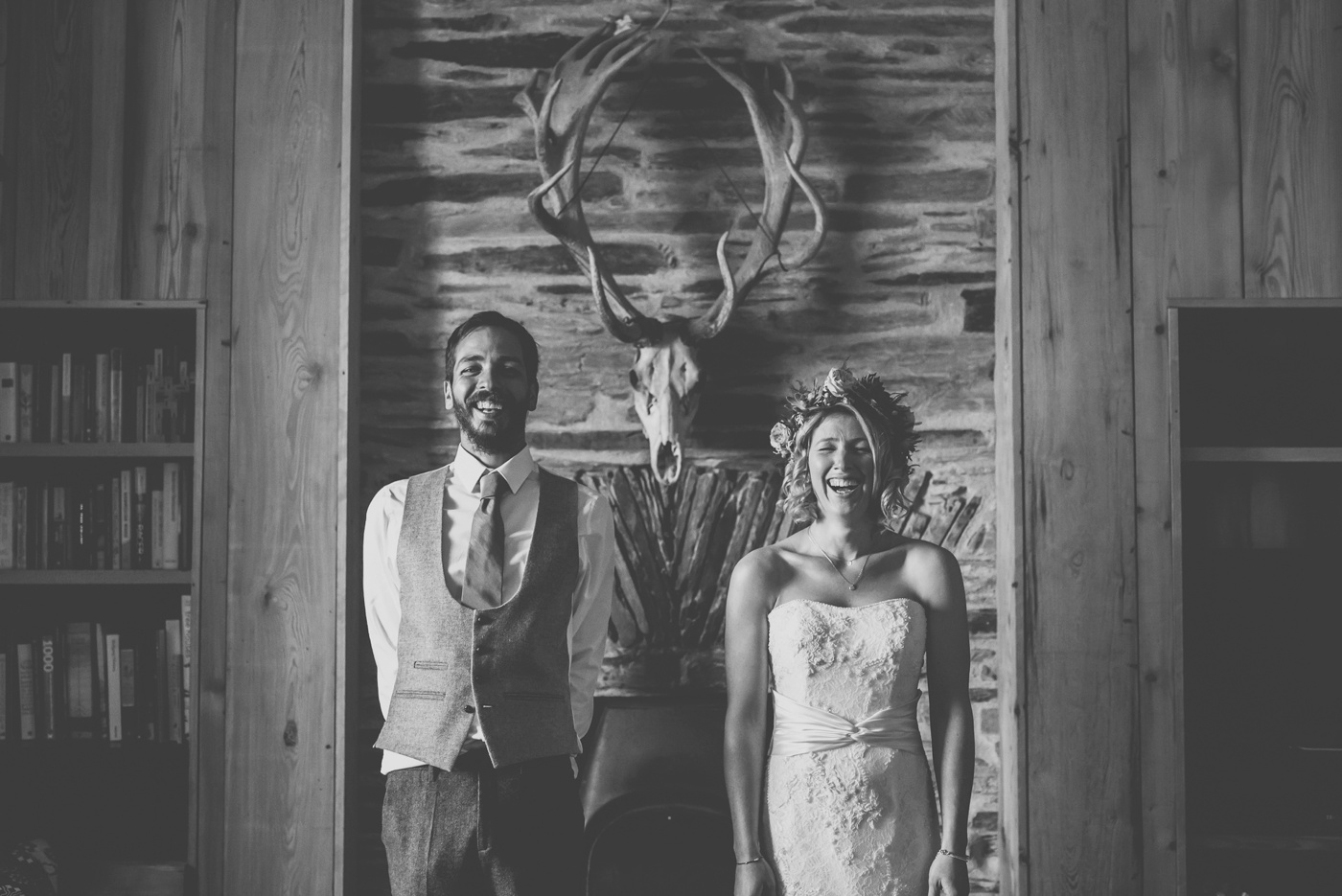 Groom bride stags head Cold at Night wedding