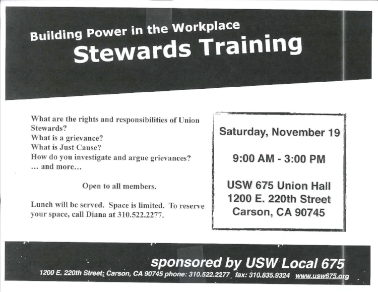 We will be having a Stewards Training this Saturday, November 19th from 9:00AM - 3:00PM. It will take place at the Carson Hall, 1200 E. 220th St. Carson, CA. 90745 To reserve your place, please call Diana at 310-522-2277