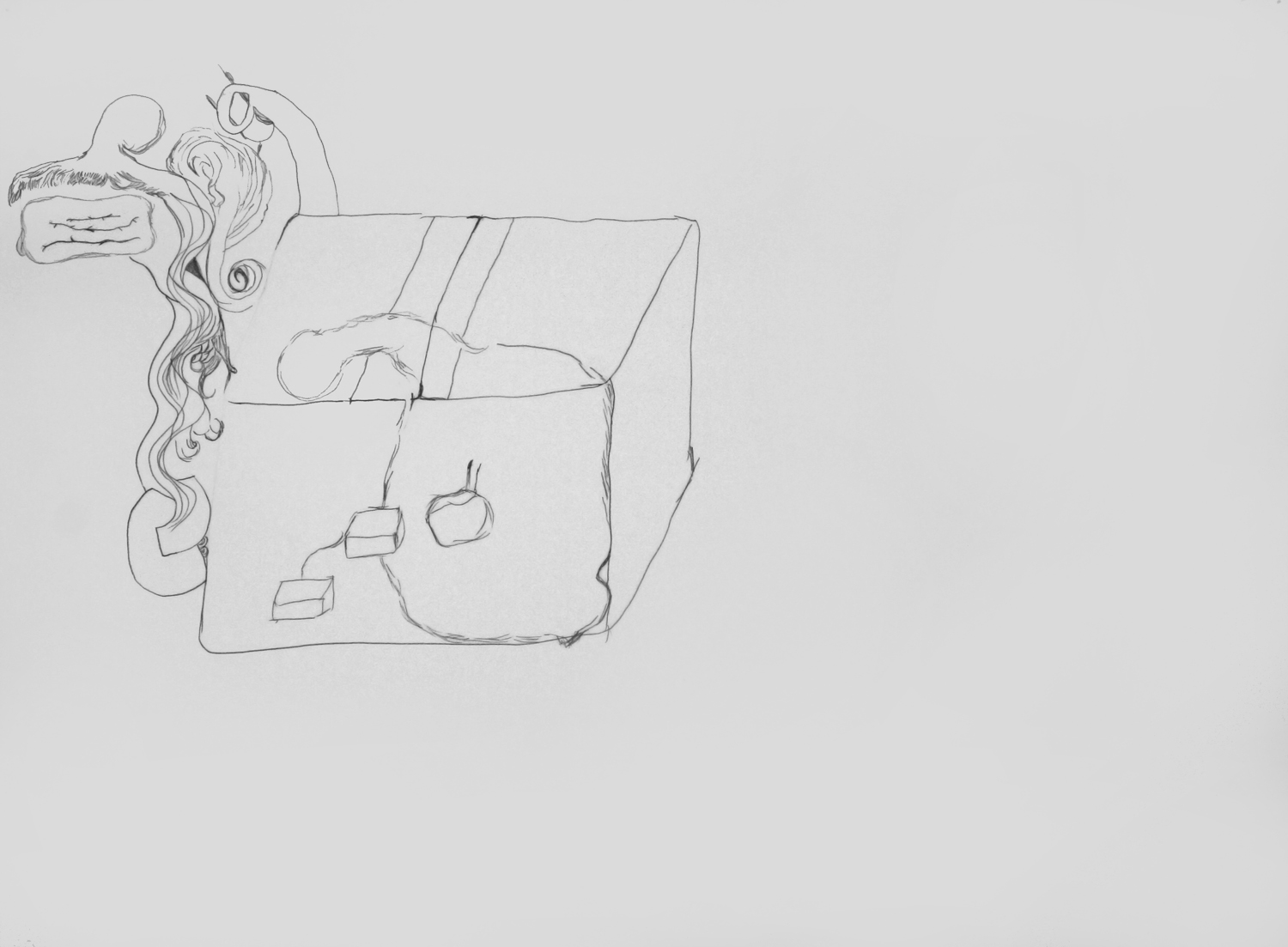 Untitled, (Tim's forehead with boxes and bags), 2013