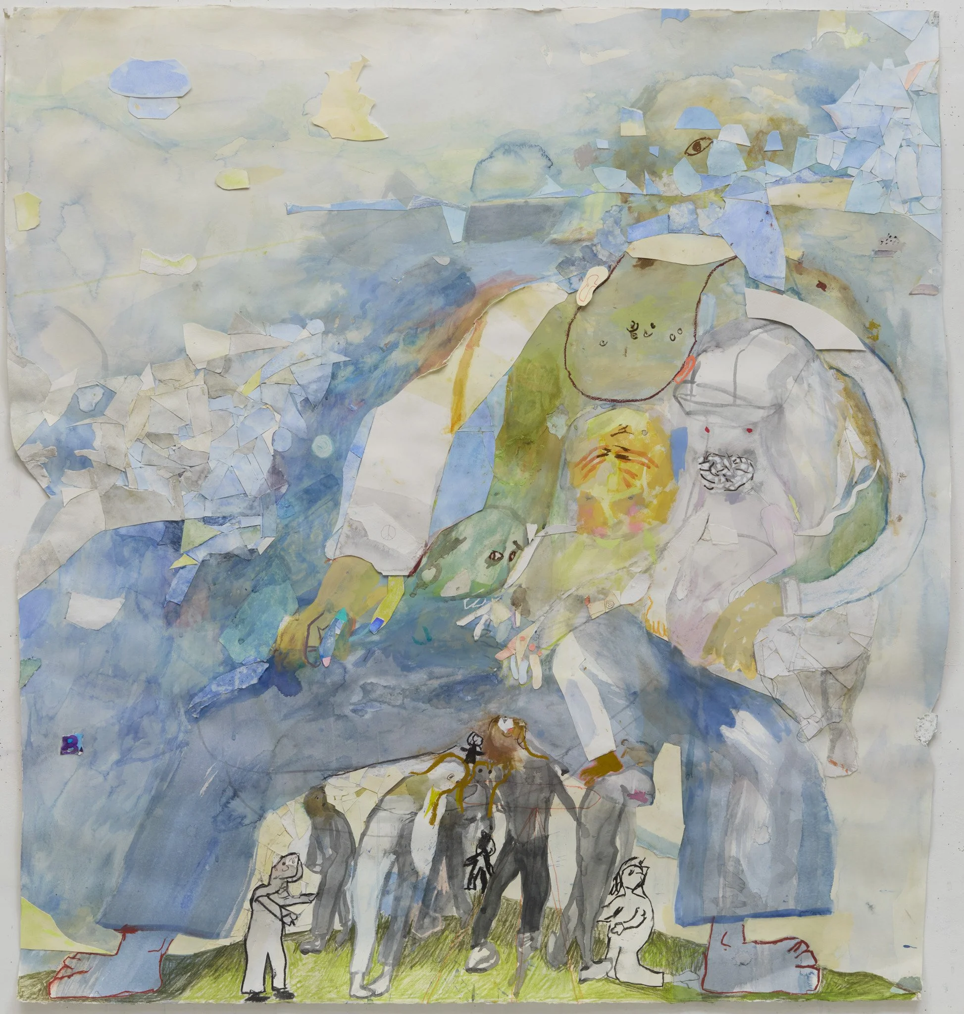  Strange Gods, 2026. Watercolor, soft pastel, ink, flash charcoal and collaged bits of paper on paper, 54" x 52" 