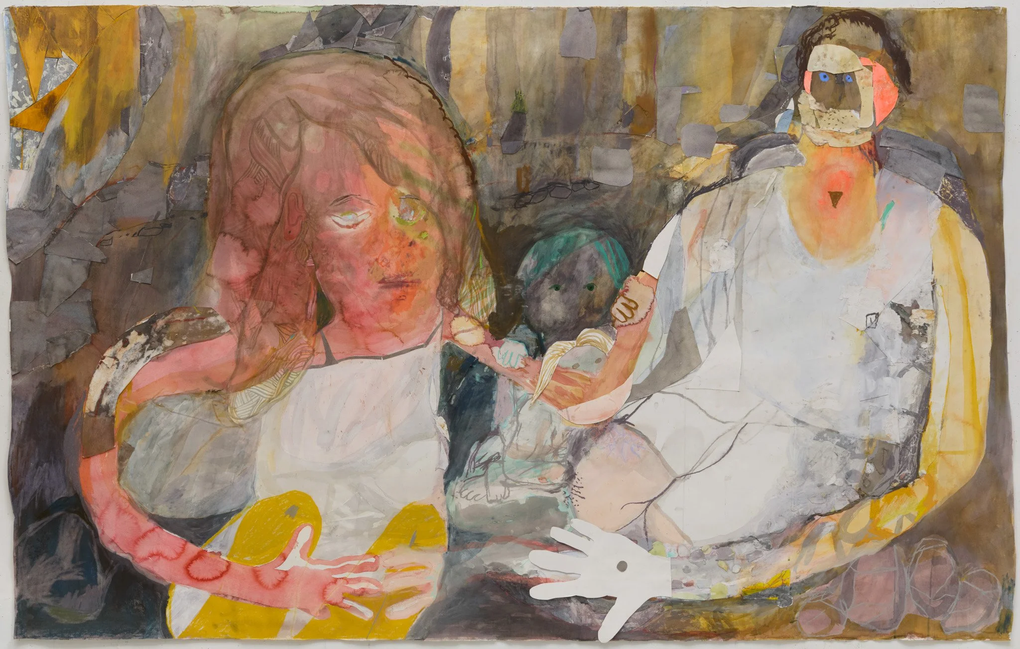  The Red Family, 2025. Watercolor, soft pastel, ink, flash charcoal and collaged bits of paper on paper, 54" x 84" 