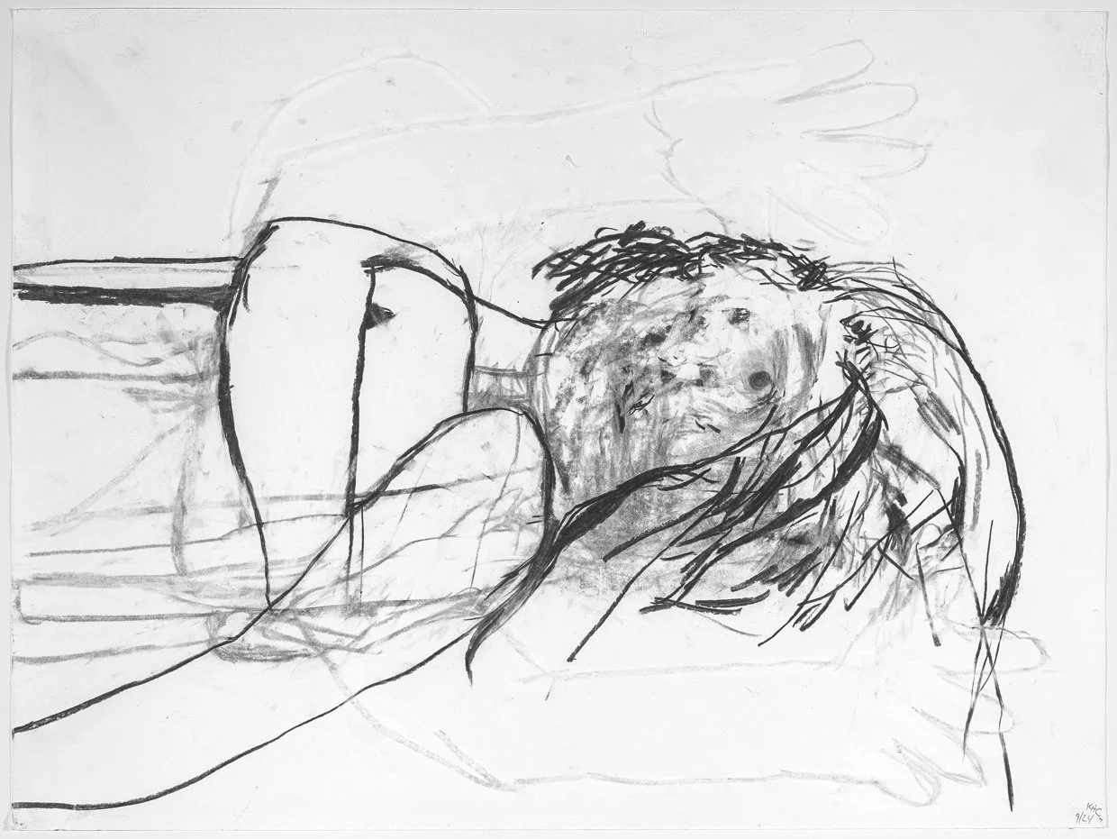  Round black eyes, 2025. Charcoal on paper, 18” x  24” 