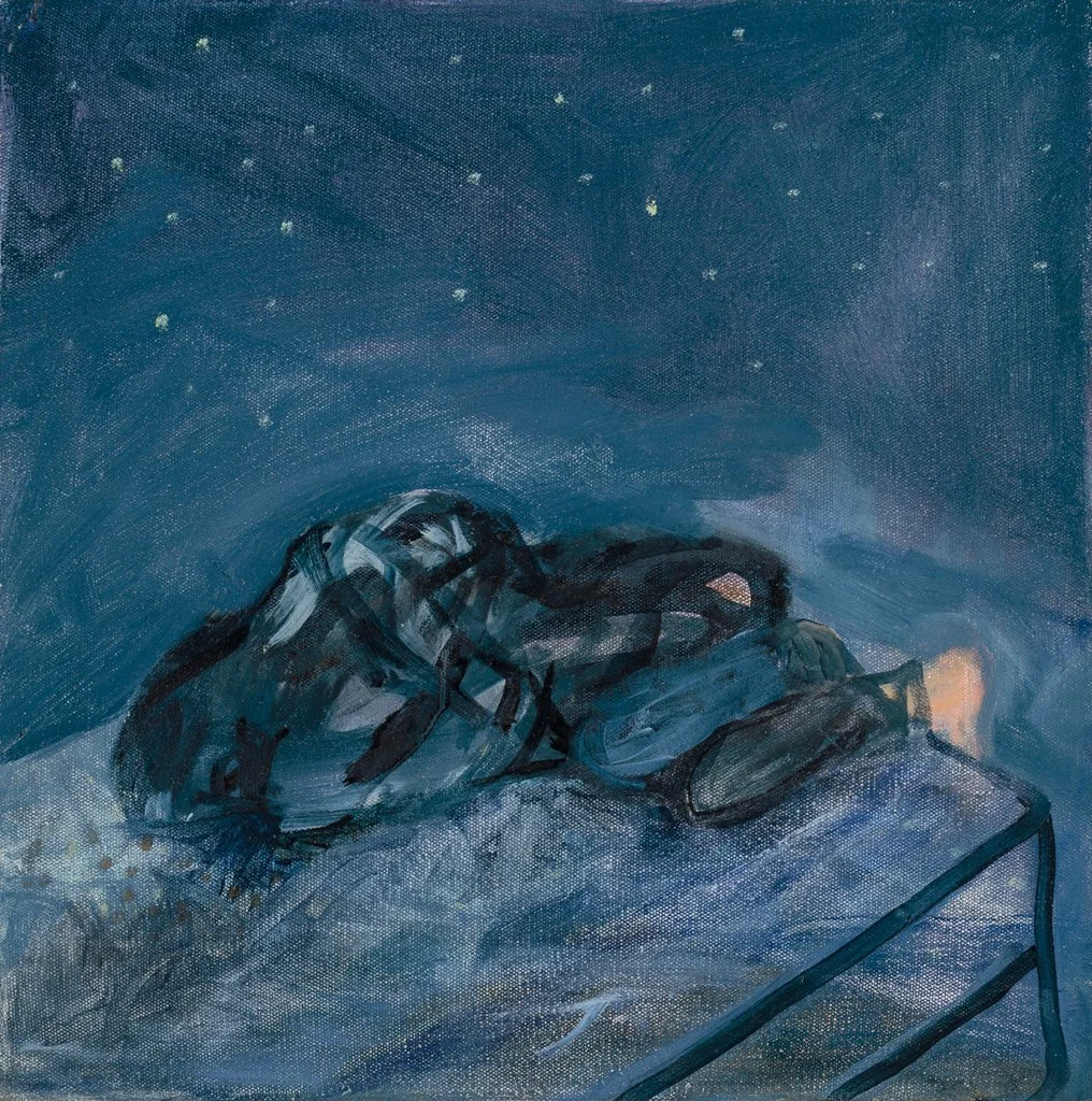  Edge of the bed, 2024. Oil on canvas, 15” x 14” 