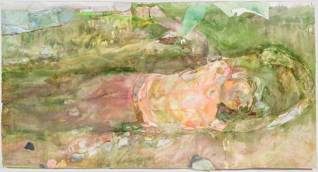  This heaven, 2024-5. Watercolor, soft pastel, ink, flash charcoal and collaged bits of paper on paper, 30" x 54" 