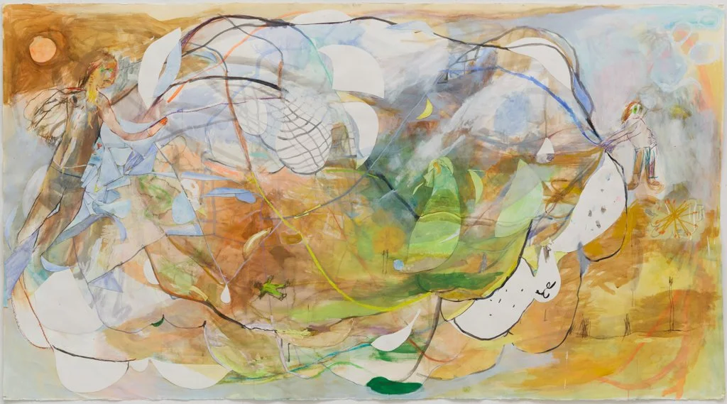  In the Midst of Looking, 2024. Watercolor, soft pastel, ink, flash charcoal and collaged bits of paper on paper, 54" x 84" 