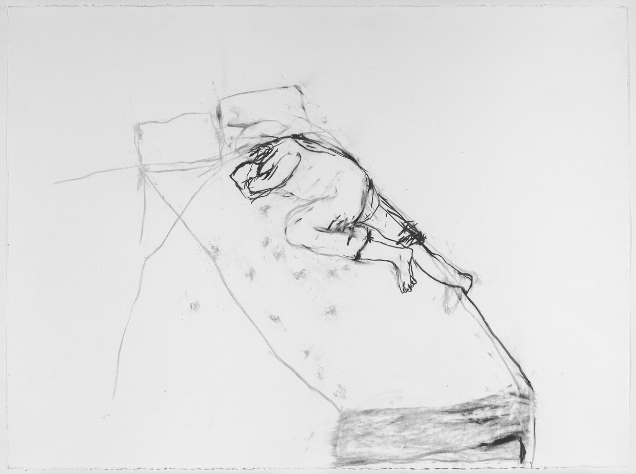  Edge of the bed, 2025. Charcoal on paper, 22” x 30” 