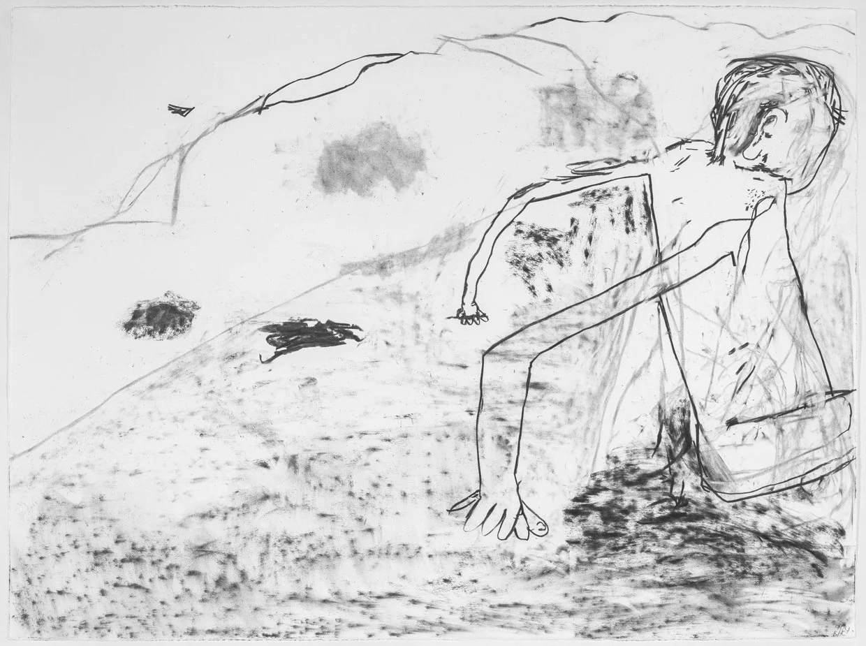  Behind, 2024. Charcoal on paper, 22” x 30” 