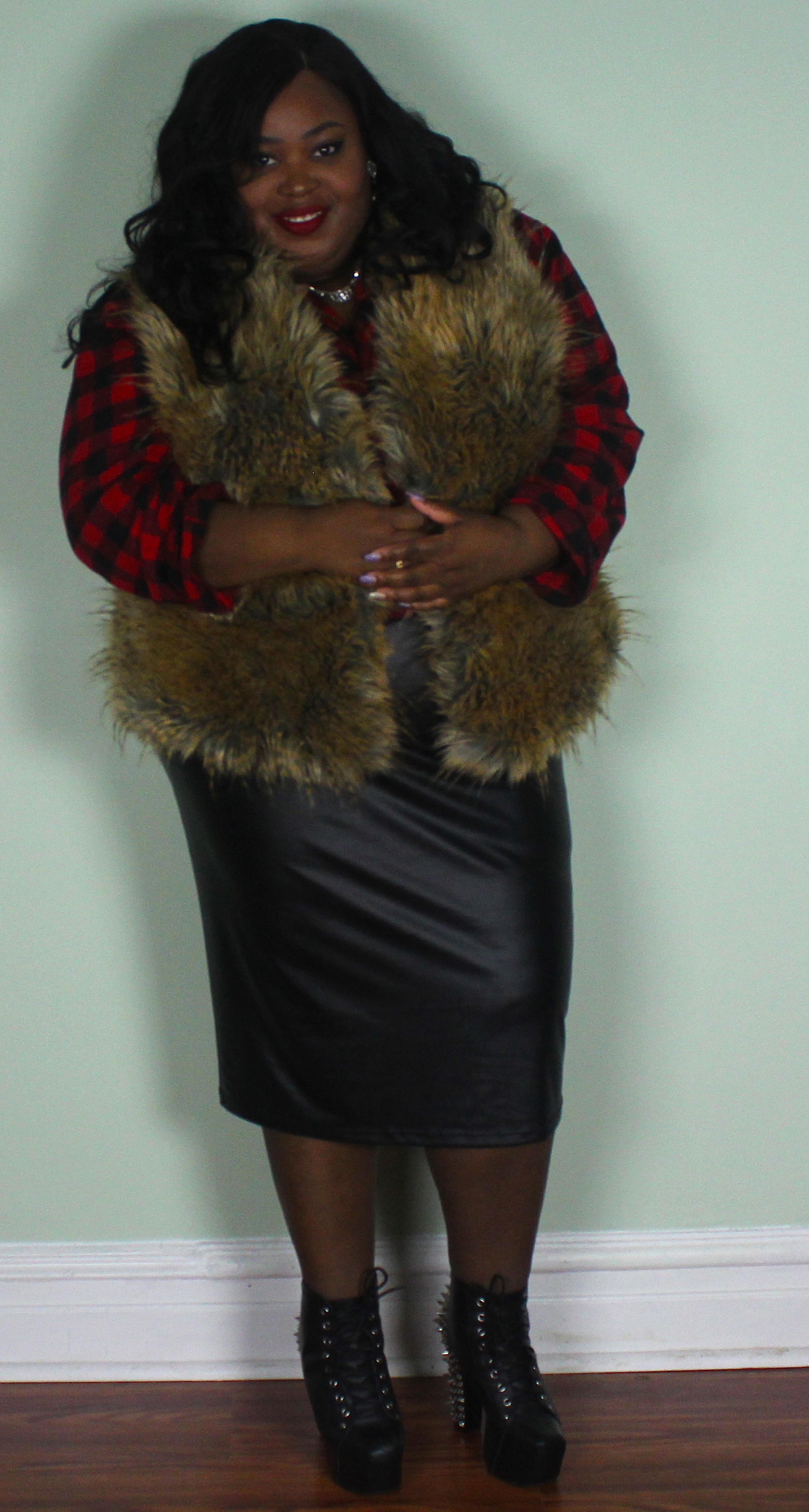  Top: Thrifted Fur Vest: Ashley Stewart Leather Skirt: FTF Shoes: Jeffrey Campbell Necklace: Rocksbox