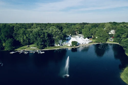Wedding tent setup by lake