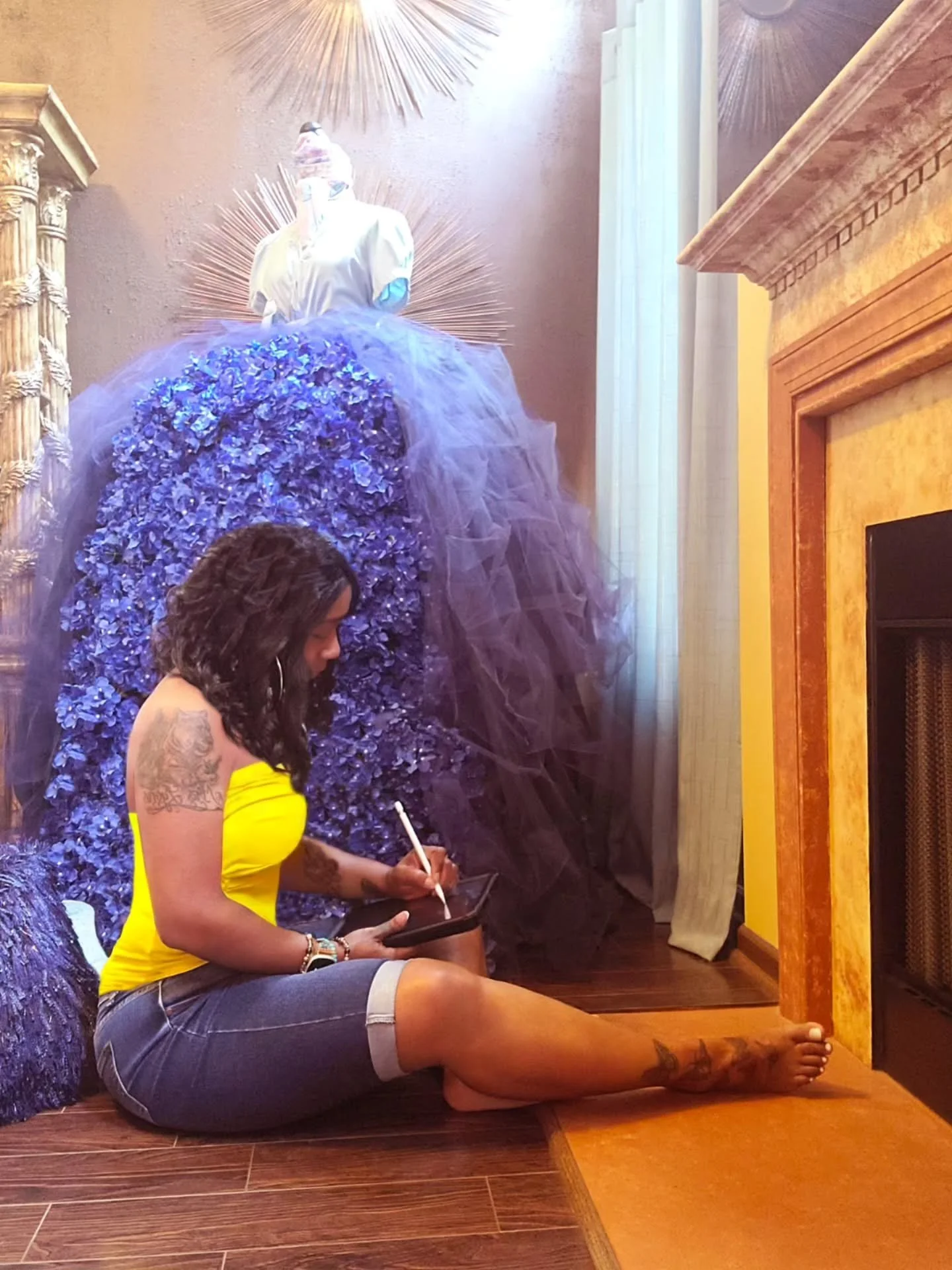 Spring 2025 flashback&mdash;hydrangeas in full bloom, me on the living room floor, barefoot, iPad in hand, creating in real time. 

Combined the calm of blue with a pop of yellow, as contrast is not optional; it's essential.

The color blue evokes fe