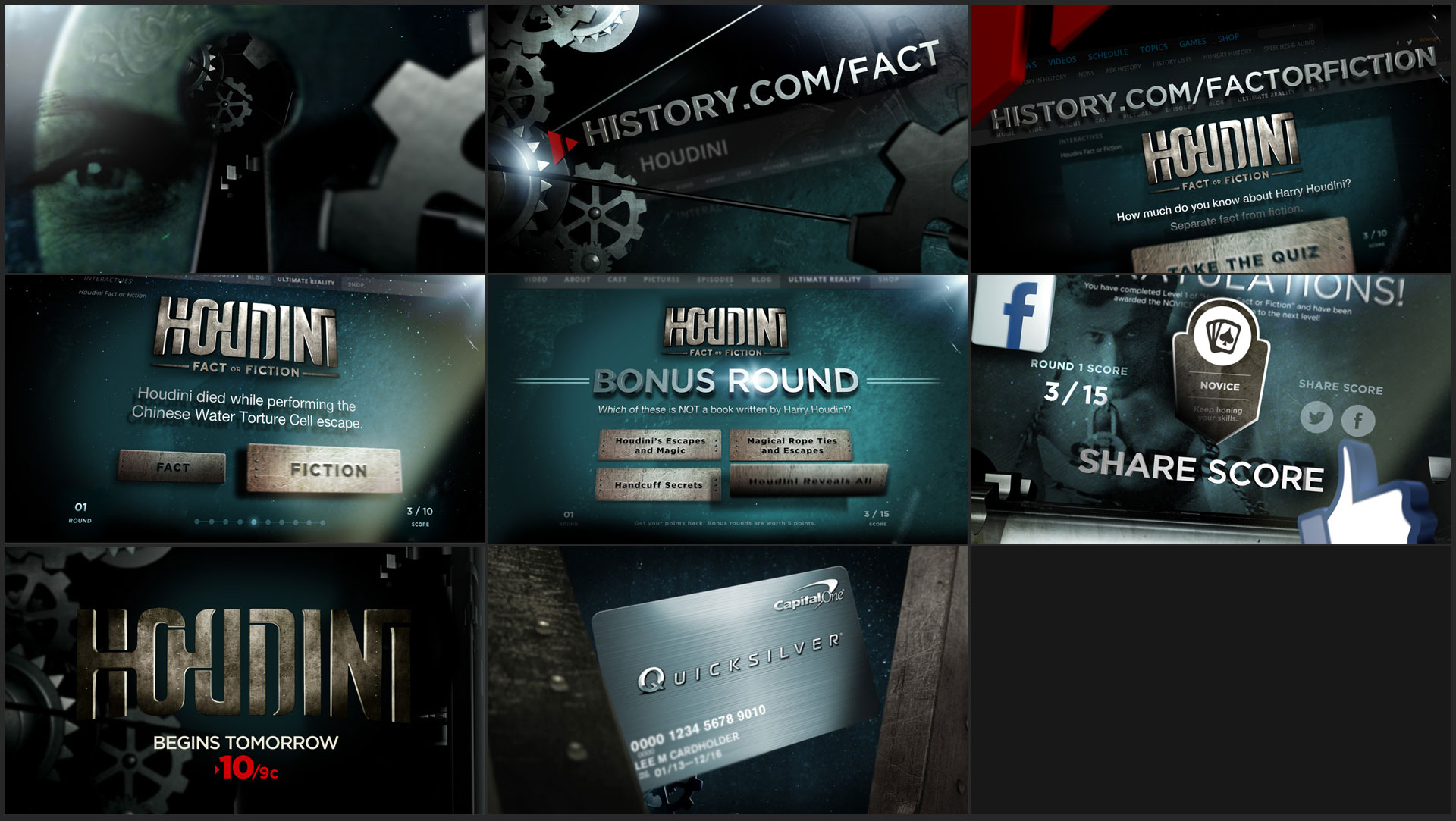 HOUDINI: FACT OR FICTION CLIENT: PRODUCED AT GUEST STAR for THE HISTORY CHANNEL ART DIRECTOR: CURT NEUMANN A design for a spot promoting the HC Original movie, Houdini and inviting the viewer to participate in a Fact or Fiction quiz.
