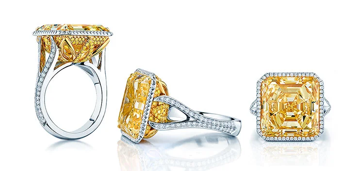 An amazing Birks & Mayors engagement ring featuring a large 16-carat yellow Asscher cut diamond.