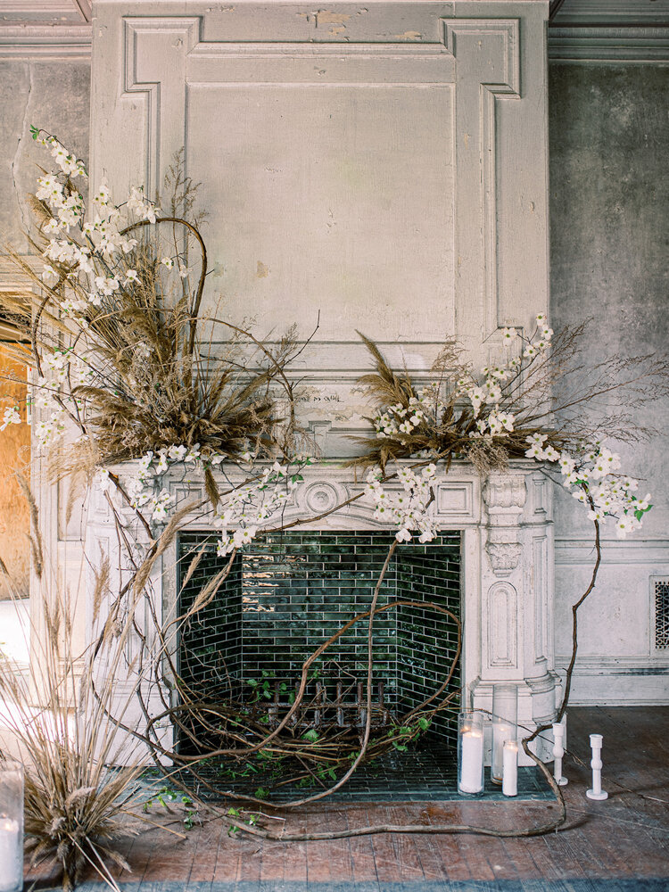 Candles and Dried Floral Installation on Mantel