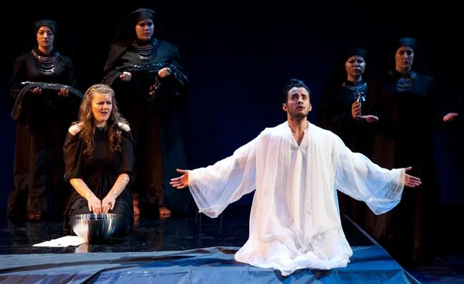 as oreste in gluck's iphigénie en tauride. pictured with yelena dyachek as iphigénie.  photo credit: kristina jacinth