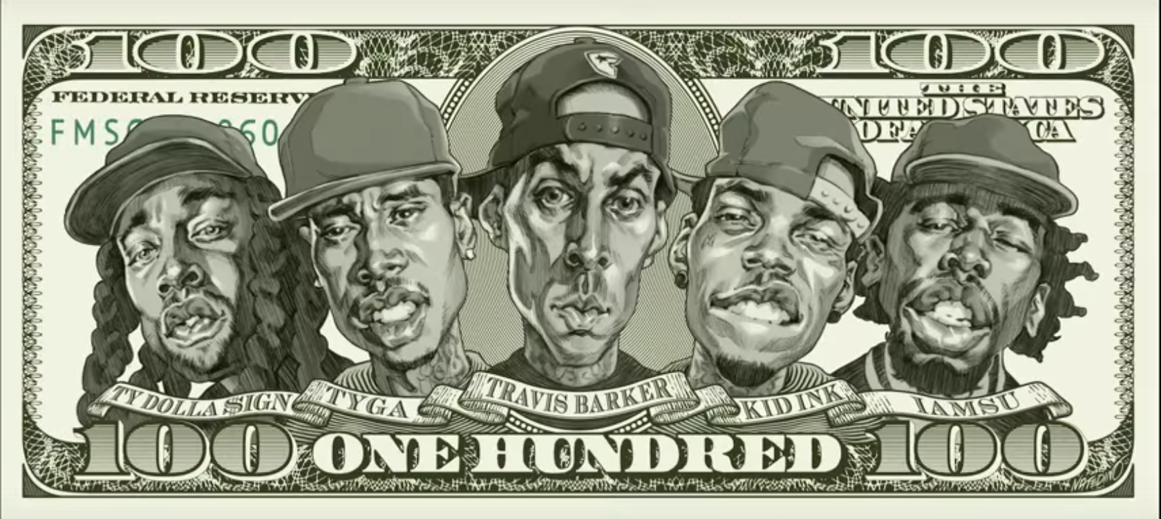 “100” (feat. Kid Ink, Ty Dolla $ign, Iamsu!, & Tyga) produced by Travis Barker