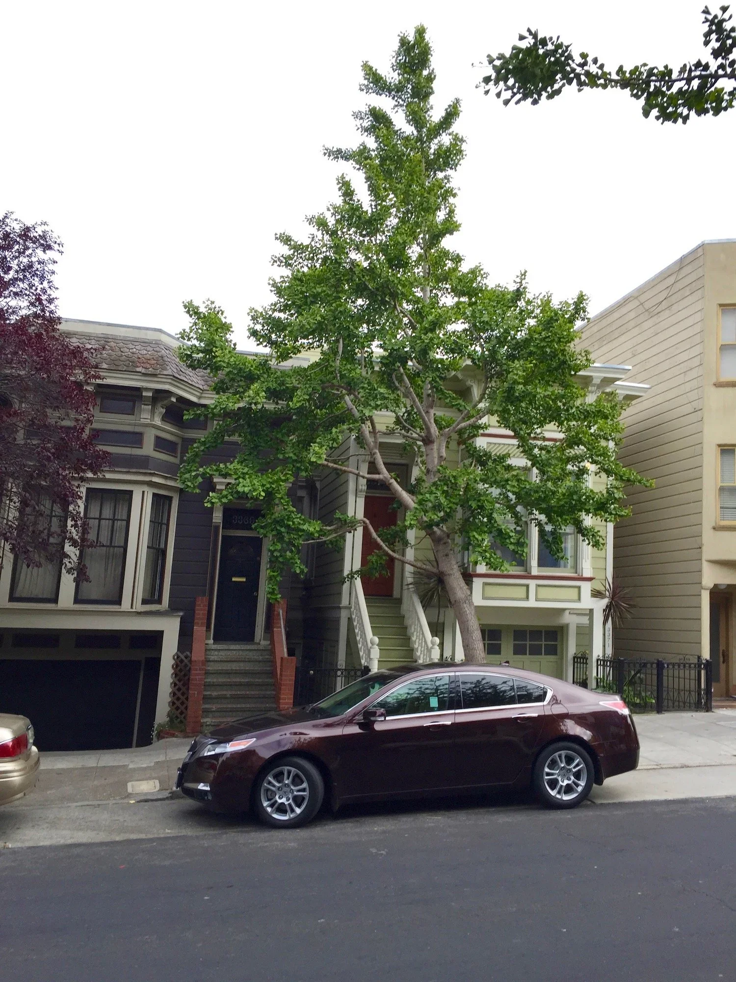 A maroon sedan parked on a city street in front of a row of colorful houses with stairs and trees.