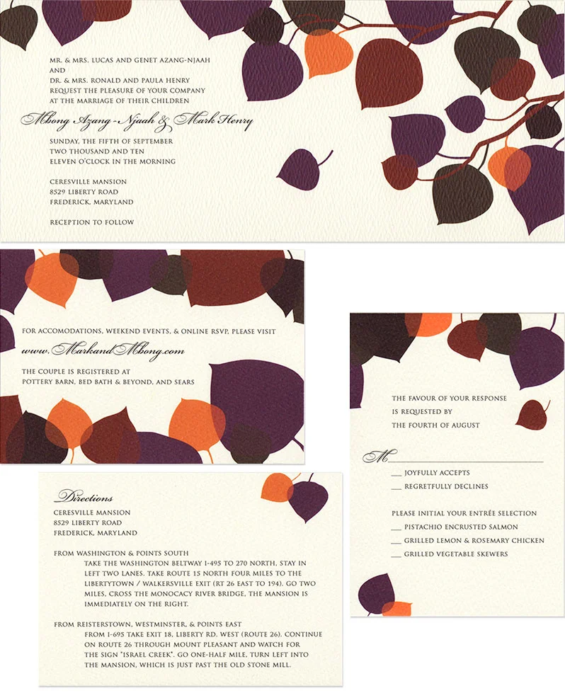 Top to bottom, left to right: invitation, info card, RSVP card, directions card.