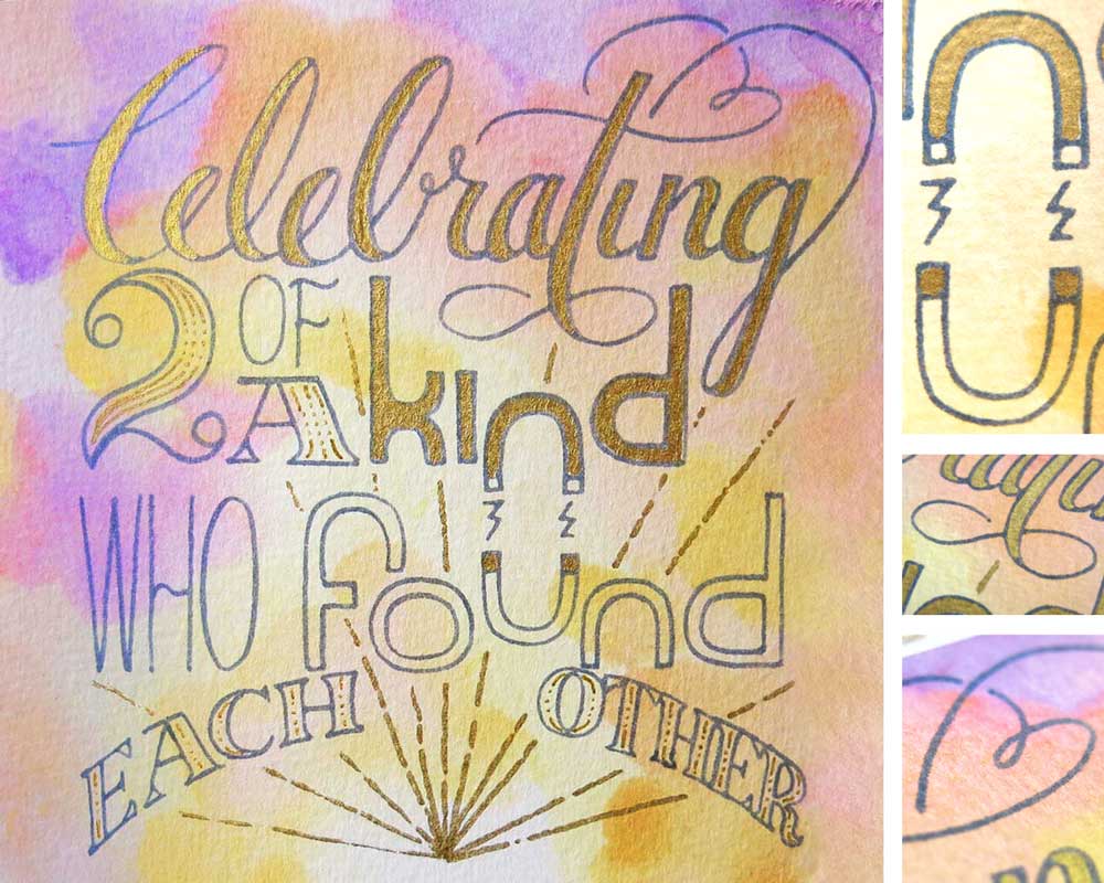 "Celebrating Two of a Kind Who Found Each Other" — Wedding card featuring magnetic attraction, a heart, and an infinity symbol details (isolated on right). Available on farthermore's Etsy .
