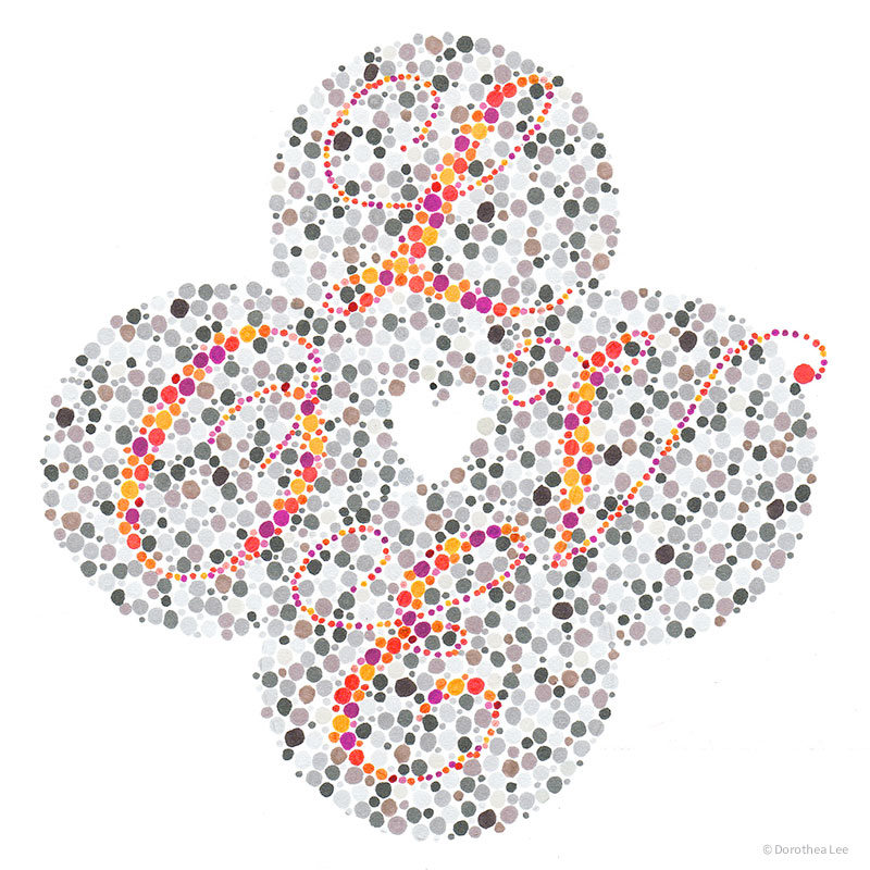 "Love is (Color)Blind" — Greeting card referencing colorblind test and hidden heart as negative space in center. Available on farthermore's Etsy .