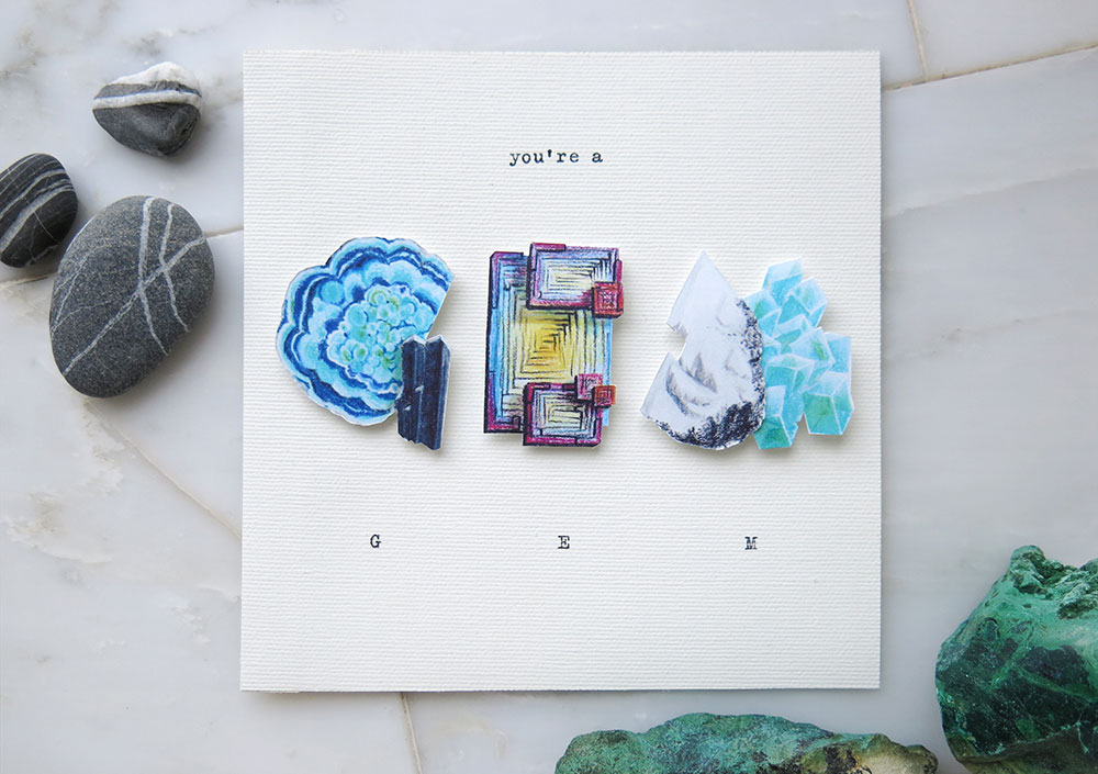 "You're A Gem" — Thank you card using illustrated gems and minerals to form the word. Available on farthermore's Etsy .