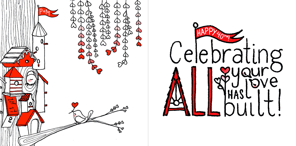 "Celebrating ALL Your Love Has Built!" — Anniversary card incorporating the front's (left side) love birds, branches, and tree houses in the letters (zoom of card interior on right side). Available on farthermore's Etsy .