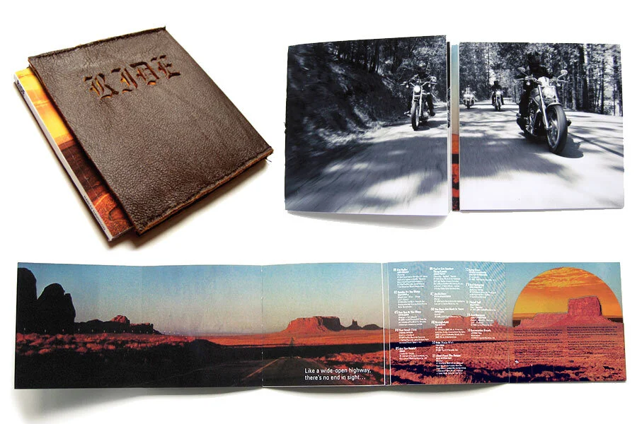 CD sleeve, first booklet spread, and fully open to the last page with CD