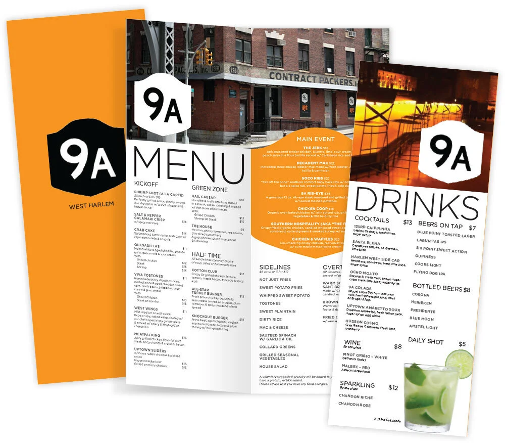  Left to right: Menu front cover, interior for food, back with drinks 
