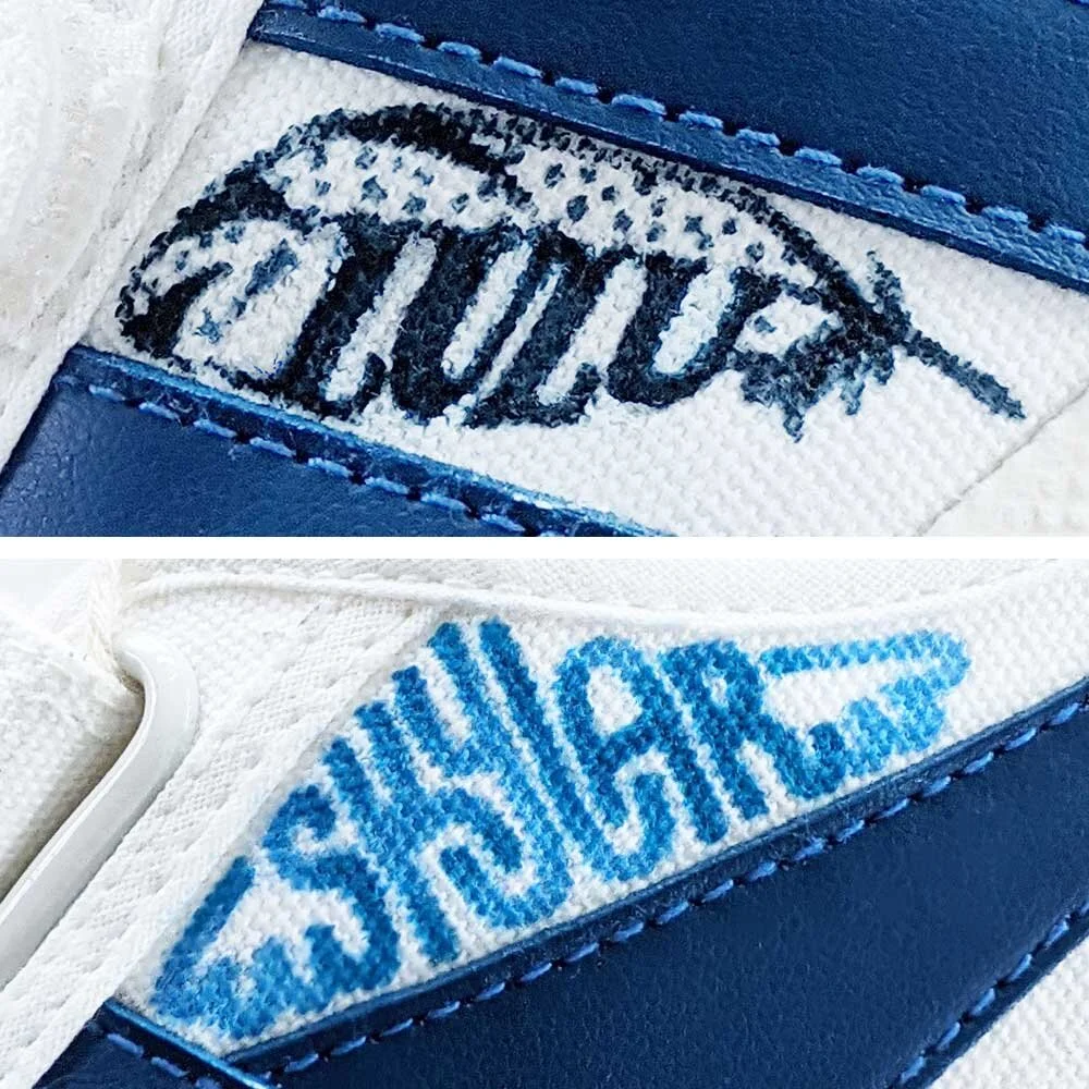   Top —Lulu’s name was designed to be hidden in the pattern of a feather at first glance to tie in with the bird theme, and then reward the viewer at a closer look.  Bottom —I designed Skylar’s name to play with the appearance of symmetry, and becaus