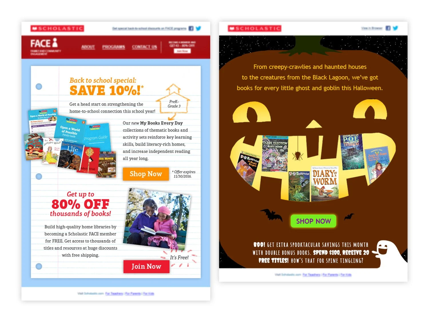   Left:  Back to school season email with double offers framed in familiar note paper and crayon/doodles.  Right:  Halloween season email with relevant titles and child-friendly spooky imagery. 