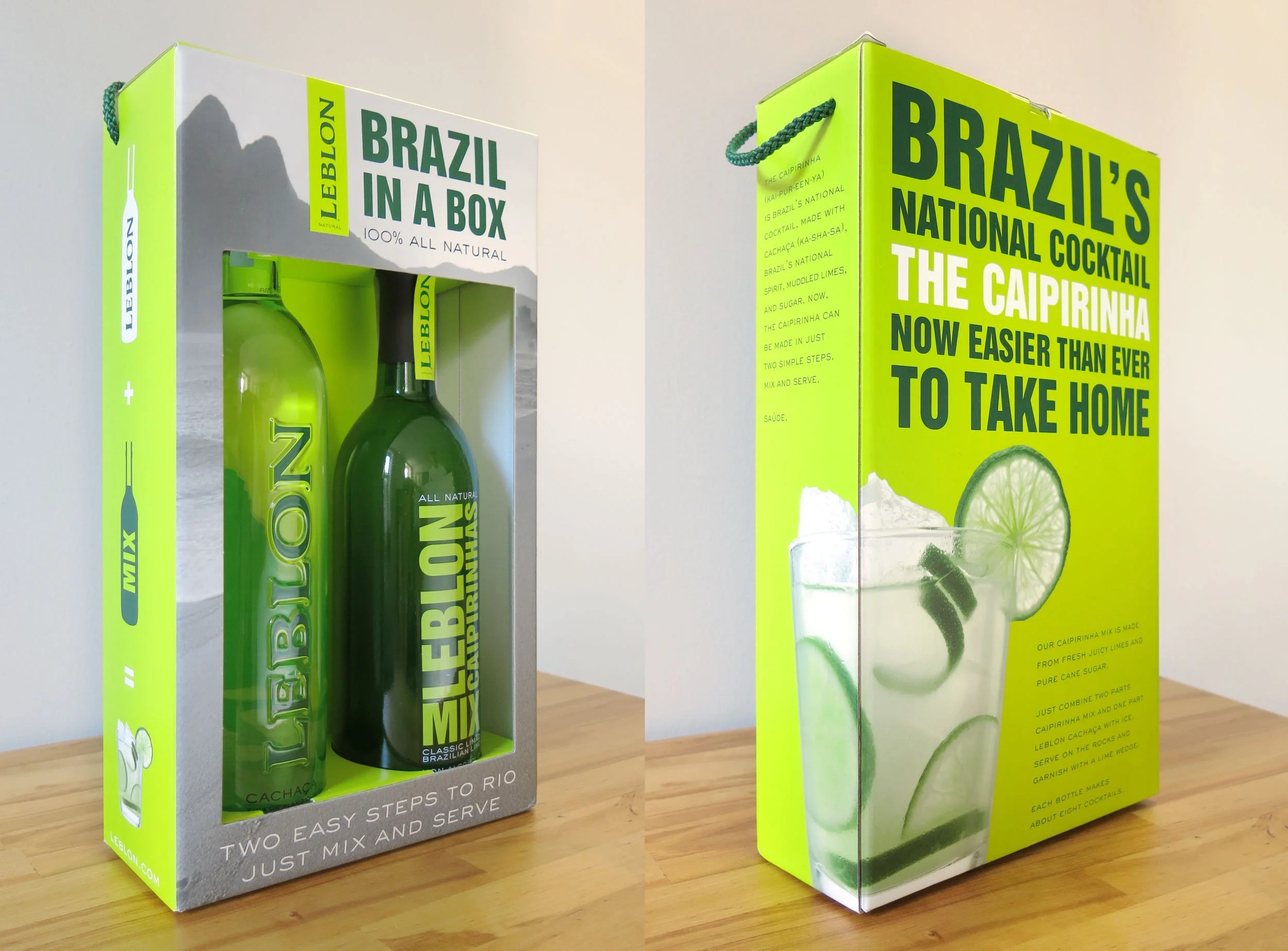 Brazil in a Box cocktail kit — bottle and package design with a minimalist aesthetic to drive home the ease of making the cocktail, and utilizing the corner to lend a 3D effect and up the taste factor of the large caipirinha image. Click to see o