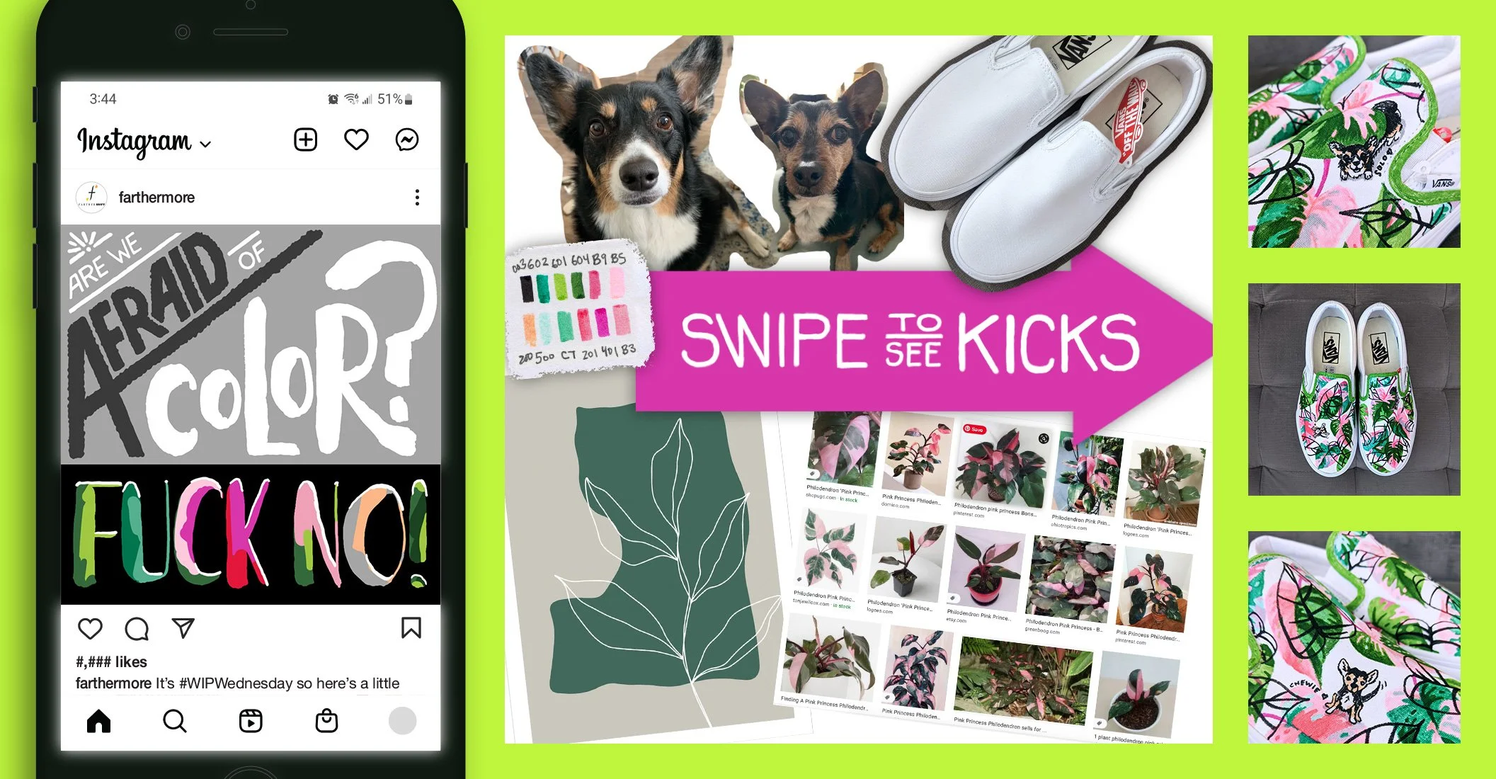  Multiple teaser posts with custom lettering, a mood board, and photo styling and editing for a custom sneaker design’s reveal. 