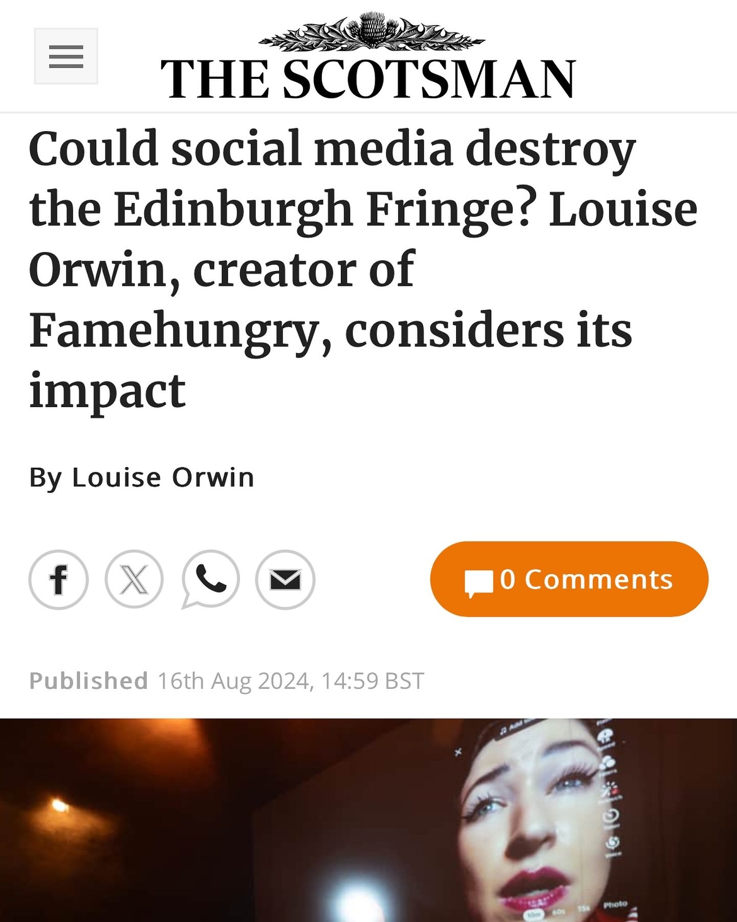 Wrote some words in the @the.scotsman about what it&rsquo;s like to be making work in an increasingly frenzied world of screens, censorship on social media, the importance of making risky/experimental/alive work, and why performance art might be dead