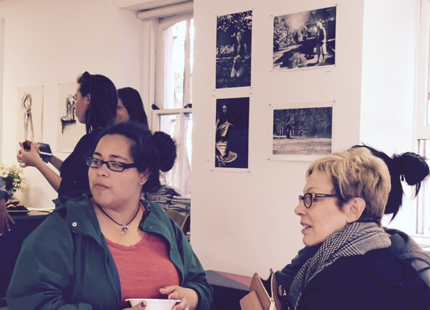 Exhibiting Senior Hoshea Hart and GFS Art Teacher Elissa Sunshine at the reception.