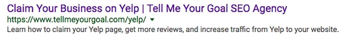 Here's an example of a Title Tag on my website. The Title Tag is the big blue or purple (if you've clicked on it) text that appears on the search results page.
