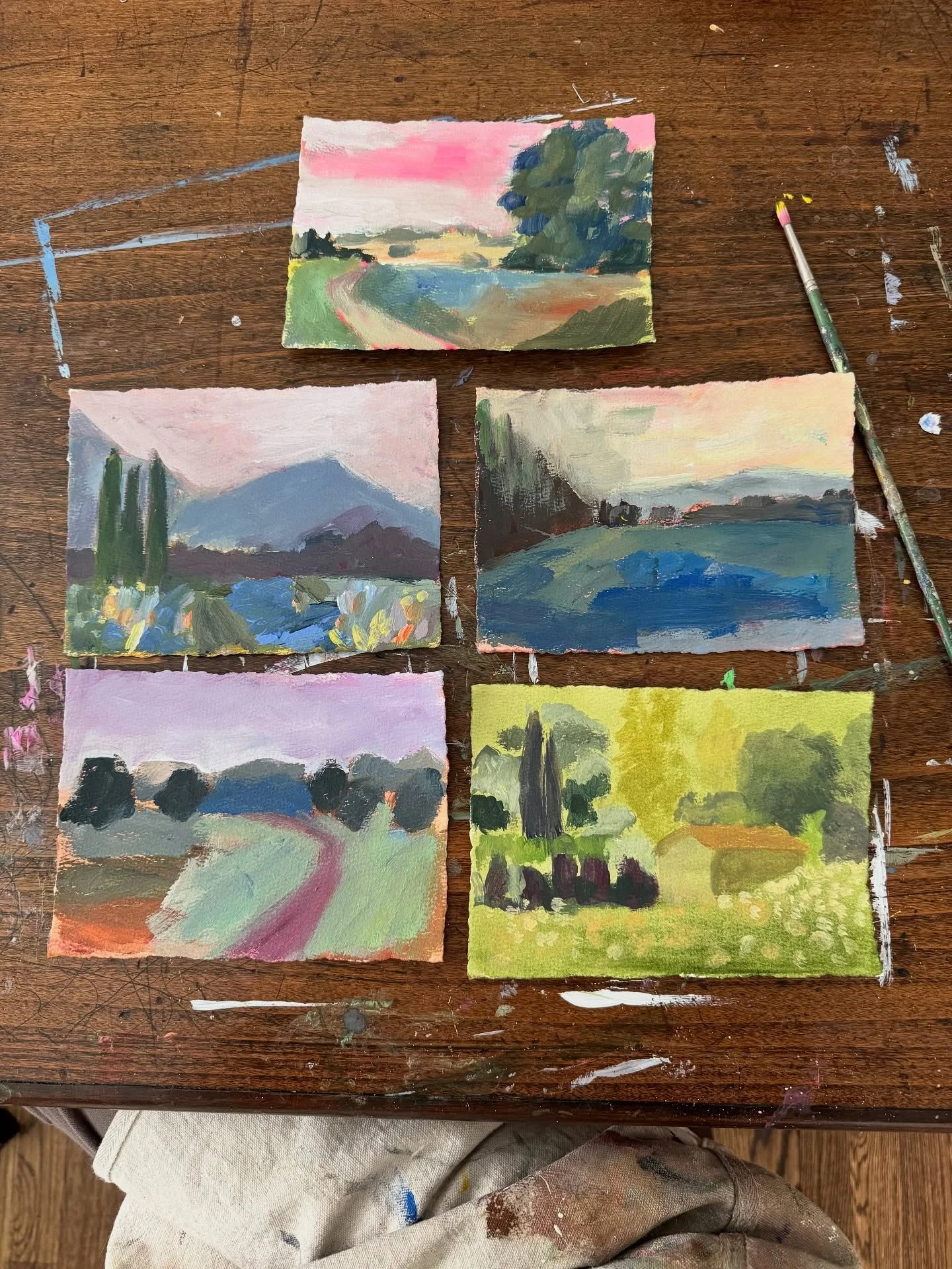 WIP: In the studio today working on more expressive landscapes. Some based on my travels, some completely made up. More to come! 
.
.
.
.
.
.
.
#painting #landscapes #ellitennant #art