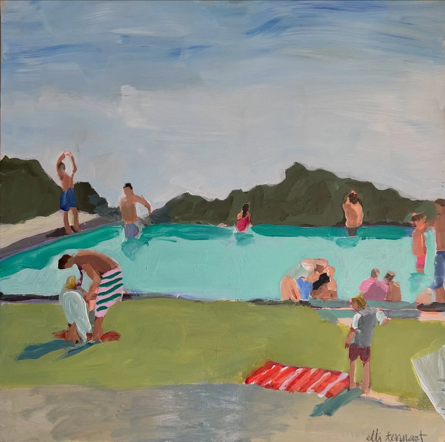 A loose interpretation. Daydreaming about this place&hellip;a pool by the ocean in Sweden. 

&ldquo;Pool Day&rdquo; 20x20 acrylic on birchwood panel 
.
.
.
.
.
.
.
#ellitennantstudio #ellitennant #painting #figurepainting #acrylicpainting #painter #h