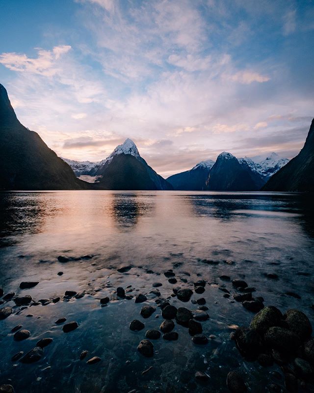 All quiet and blue skies in Milford Sound