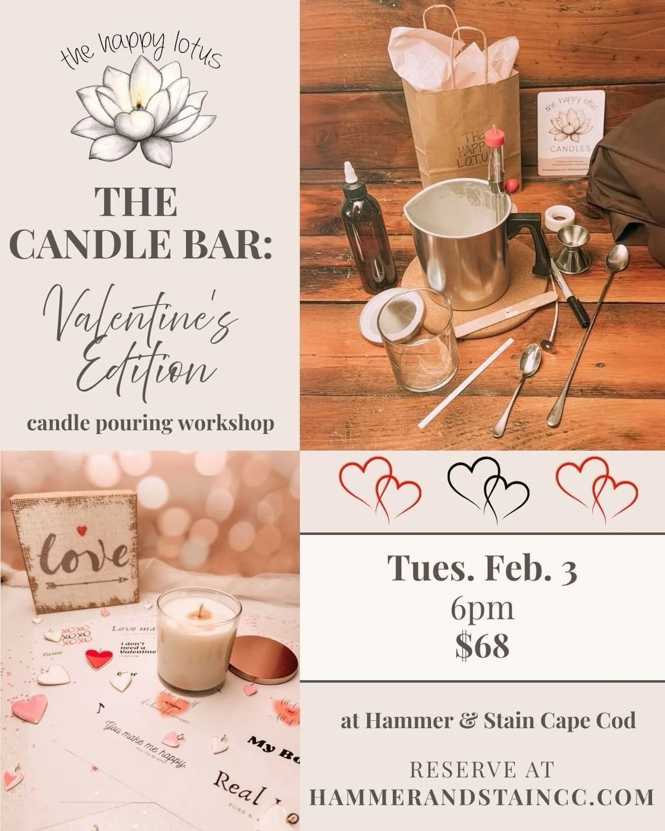 ❤️&zwj;🔥 A cozy night out, perfect for couples, friends, or solo creatives.⁣
⁣
🩷 Join me for a hands‑on Valentine&rsquo;s candle‑making workshop @hammerandstaincapecod where you&rsquo;ll pour your own 9oz soy candle in a seasonal scent, then decora